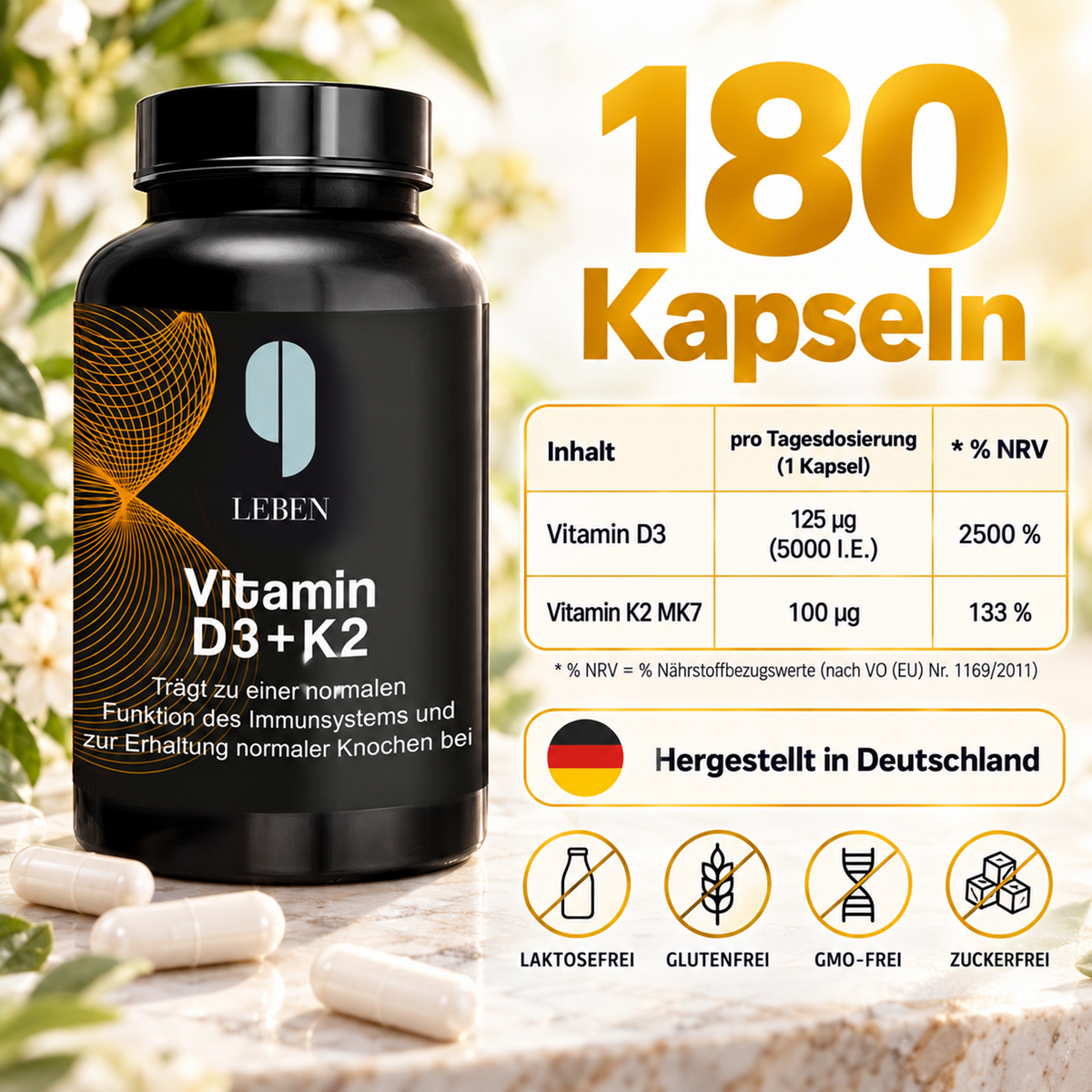 Vitamin D3 + K2 – 5.000 I.E. + 100 µg – 180 Kapseln