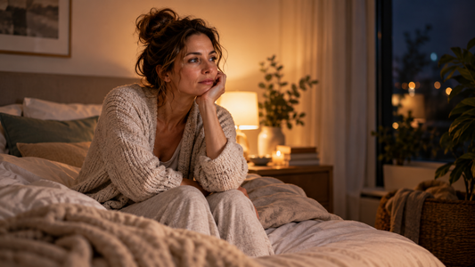 Frau nachts nachdenklich im Bett – Symbol für Stress, innere Unruhe und fehlenden Schlaf