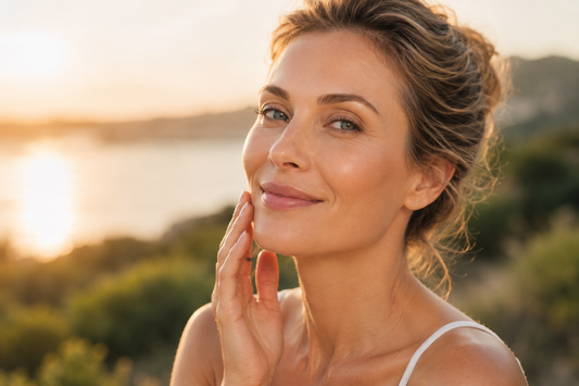 Frau im warmen Sonnenlicht mit natürlicher Ausstrahlung – Symbol für Anti-Aging, Zellschutz und gesunde Haut