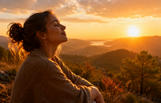 Frau entspannt im warmen Sonnenuntergang in der Natur – Symbol für Ashwagandha, innere Ruhe, Balance und Gelassenheit