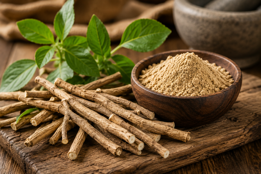 Ashwagandha-Wurzeln und Pulver auf Holz – traditioneller Pflanzenstoff aus der ayurvedischen Kräuterkunde
