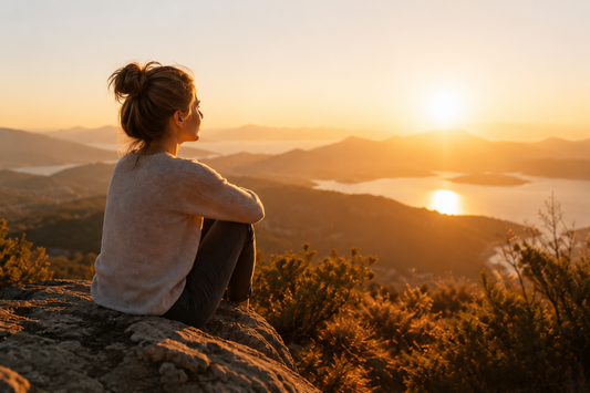Frau sitzt im warmen Sonnenlicht auf einem Felsen – Symbol für natürliche Balance, antioxidativen Zellschutz und innere Ruhe