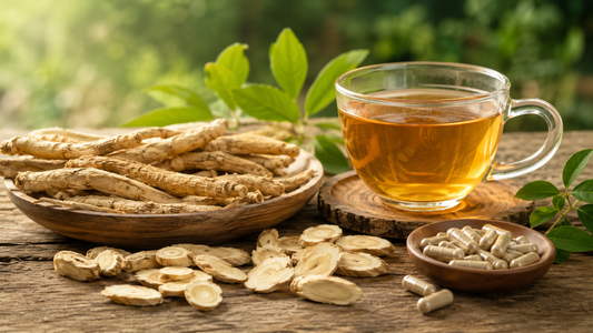Astragalus-Wurzeln, Kräutertee und Kapseln auf Holz – Symbol für TCM, Immunsystem, Energie und innere Widerstandskraft
