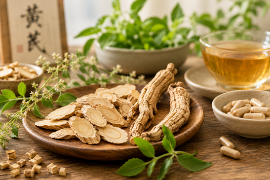 Astragalus-Wurzeln, Pflanzenextrakt und Tee auf Holz – Symbol für TCM, Energie, innere Balance und Widerstandskraft