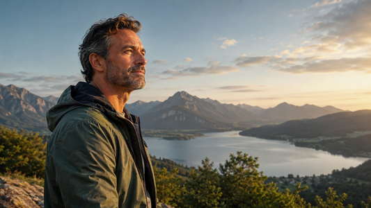 Mann blickt konzentriert in eine weite Berglandschaft – Symbol für DHA, Omega-3, Gehirnfunktion, Sehkraft und mentale Klarheit
