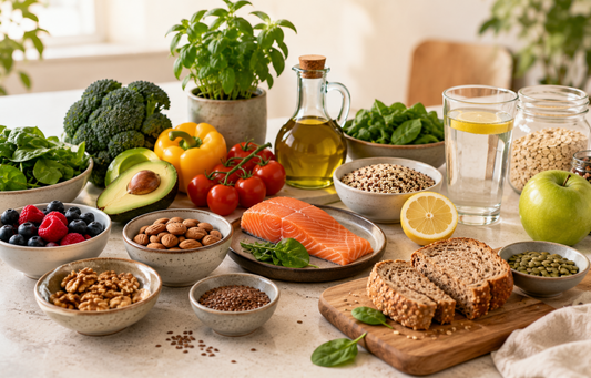 Frische natürliche Lebensmittel mit Gemüse, Obst, Nüssen, Vollkorn und Lachs – Symbol für Ernährung, Vitalstoffe, Energie und Wohlbefinden