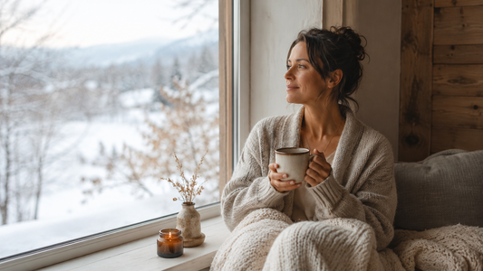 Frau sitzt mit warmer Tasse am Fenster und blickt in eine Winterlandschaft – Symbol für Energie, Ruhe, hormonelle Balance und Wohlbefinden