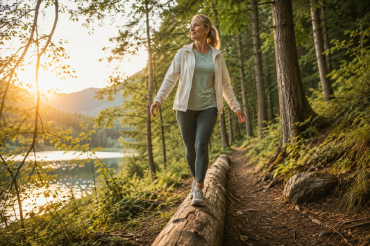 Frau balanciert im Wald auf einem Baumstamm – Symbol für Gelenke, Beweglichkeit und natürliche Mobilität