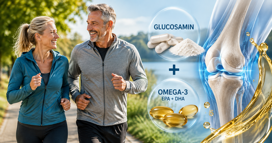 Aktives Paar beim Joggen neben einer symbolischen Darstellung von Kniegelenk, Glucosamin und Omega-3.