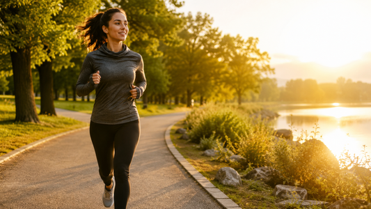 Frau joggt im warmen Morgenlicht durch den Park – regelmäßige Bewegung unterstützt Herz und Kreislauf im Alltag