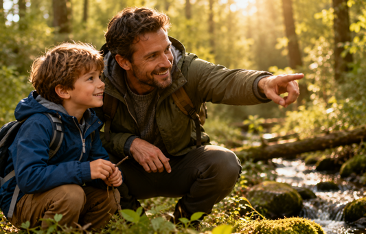 Vater und Kind entdecken gemeinsam die Natur im Wald – Symbol für frische Luft, Bewegung, Immunsystem und Wohlbefinden
