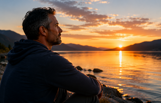 Mann sitzt ruhig am See im Sonnenuntergang – Symbol für Männergesundheit, Energie, Kraft und innere Balance
