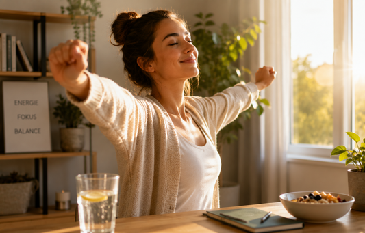 Frau startet entspannt und energiegeladen in den Tag – Symbol für Magnesium, Energie, Fokus und innere Balance