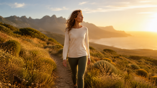 Frau geht im warmen Sonnenlicht durch die Natur – Symbol für Omega-3, DHA, EPA, Entzündungsbalance und Wohlbefinden