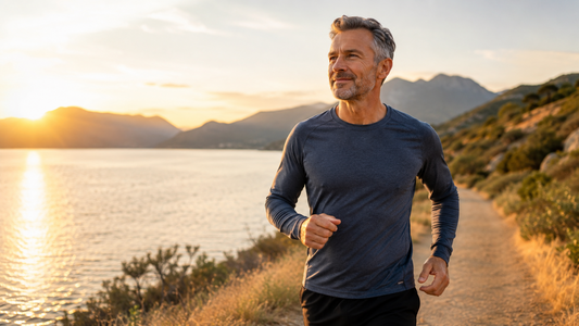 Aktiver Mann joggt im warmen Abendlicht am Wasser entlang – Symbol für Omega-3, Herzgesundheit, EPA, DHA und einen bewussten Lebensstil