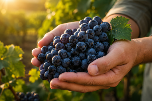 Hände halten dunkle Weintrauben im warmen Sonnenlicht – Symbolbild für OPC, Traubenkerne, Polyphenole und pflanzliche Ernährung