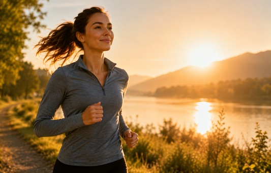 Frau joggt im warmen Morgenlicht am See – Symbol für Q10, Zellenergie, Mitochondrien und Vitalität