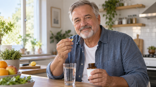 Mann Mitte 50 mit Q10-Kapsel in heller Küche – Symbolbild für Q10, Statine, Zellenergie und bewusste Gesundheitsvorsorge