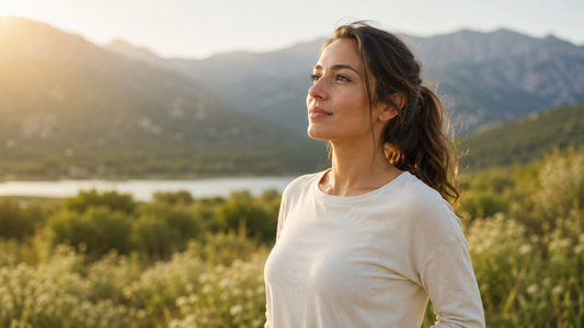 Frau steht ruhig im warmen Morgenlicht in der Natur – Symbol für Rhodiola Rosea, Stressbalance, Nervensystem und innere Ruhe