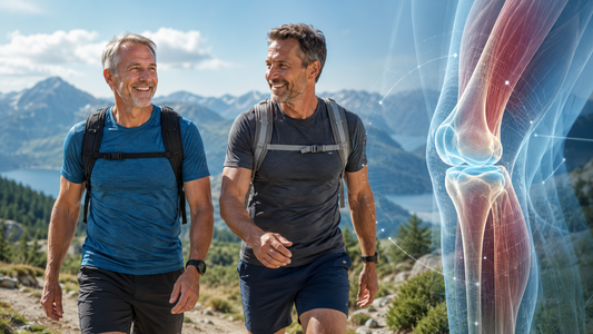 Zwei aktive Männer im besten Alter beim Wandern neben einer symbolischen Darstellung von Kniegelenk und Muskulatur.