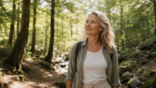Anmutige Frau im sonnendurchfluteten Wald – Symbol für stille Entzündungen, Zellschutz, gesundes Altern und innere Ruhe