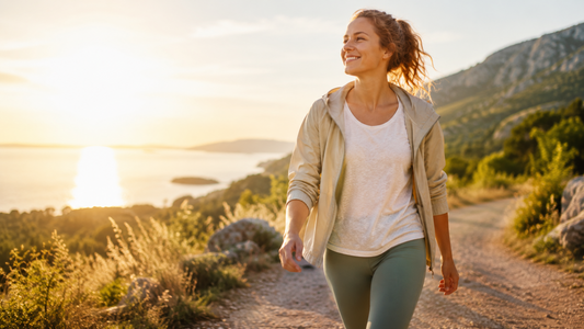 Frau geht im warmen Sonnenlicht spazieren – Symbol für Vitamin D, Magnesium, Energie und natürliche Balance
