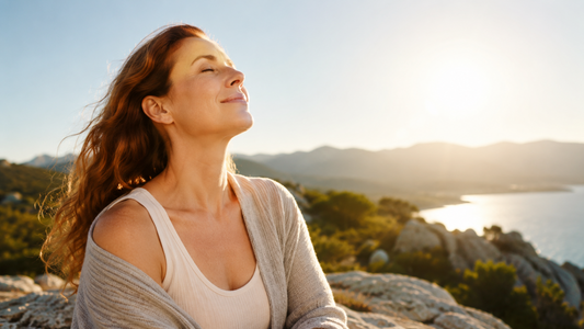 Frau im warmen Sonnenlicht in ruhiger Natur – Symbol für Sonnenlicht und natürliche Vitamin-D-Bildung