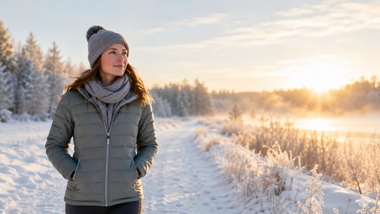 Frau geht im winterlichen Morgenlicht durch eine ruhige Landschaft – frische Kälte und Bewegung unterstützen Immunsystem und Wohlbefinden